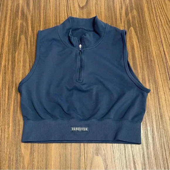 Vanquish Fitness Blue 1/4 Zip Workout Active Sleeveless Crop Top Women’s Size L - Picture 8 of 9